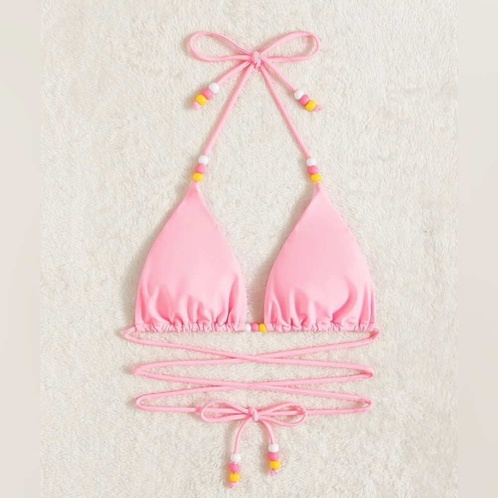Pink Lace Up Triangle Bikini Top